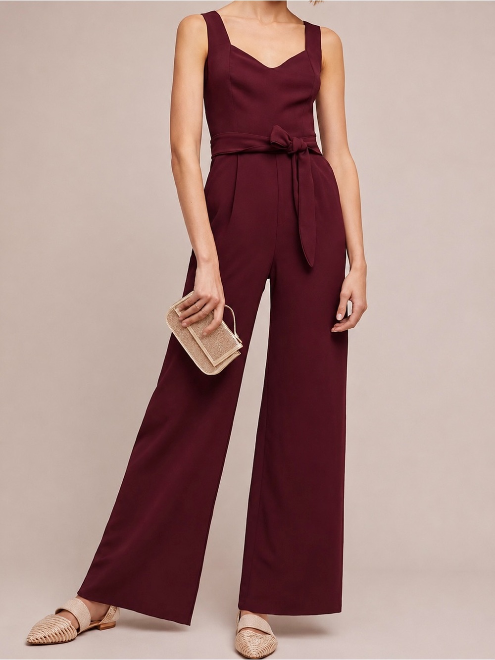 Anthropologie Wine Burgendy Sleeveless V-Neck Belted Jumpsuit